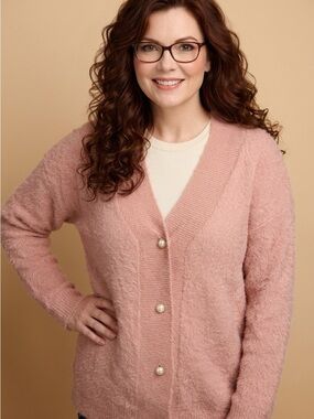 2195 - Soft Pink Fuzzy V-Neck Button Cardigan Sweater